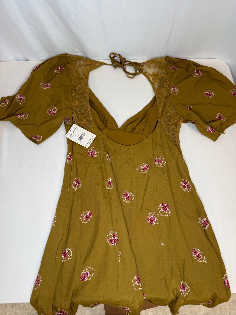 Free People Olive Floral Split-Neck Dress with Pink Accents - Picture 3 of 5